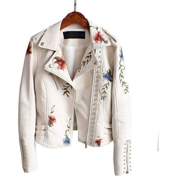 Women Beige Floral Embroidered Faux Leather Jacket PU Coat Stylish Outerwear - Picture 2 of 7